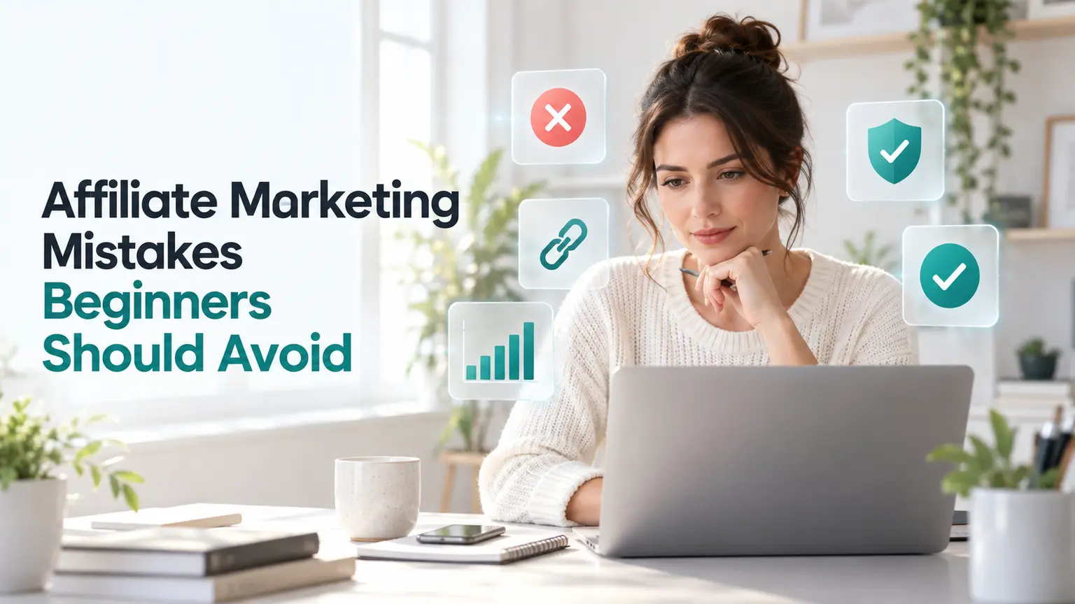 Affiliate marketing mistakes beginners should avoid, shown as a content creator reviewing links, warnings, and verification checks.