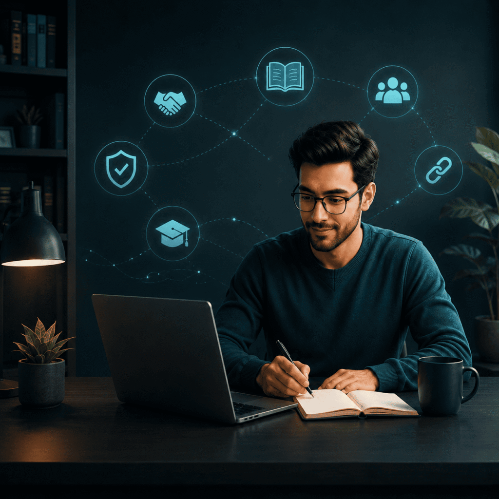 Professional man working at a laptop in a modern workspace with education, trust, and growth symbols