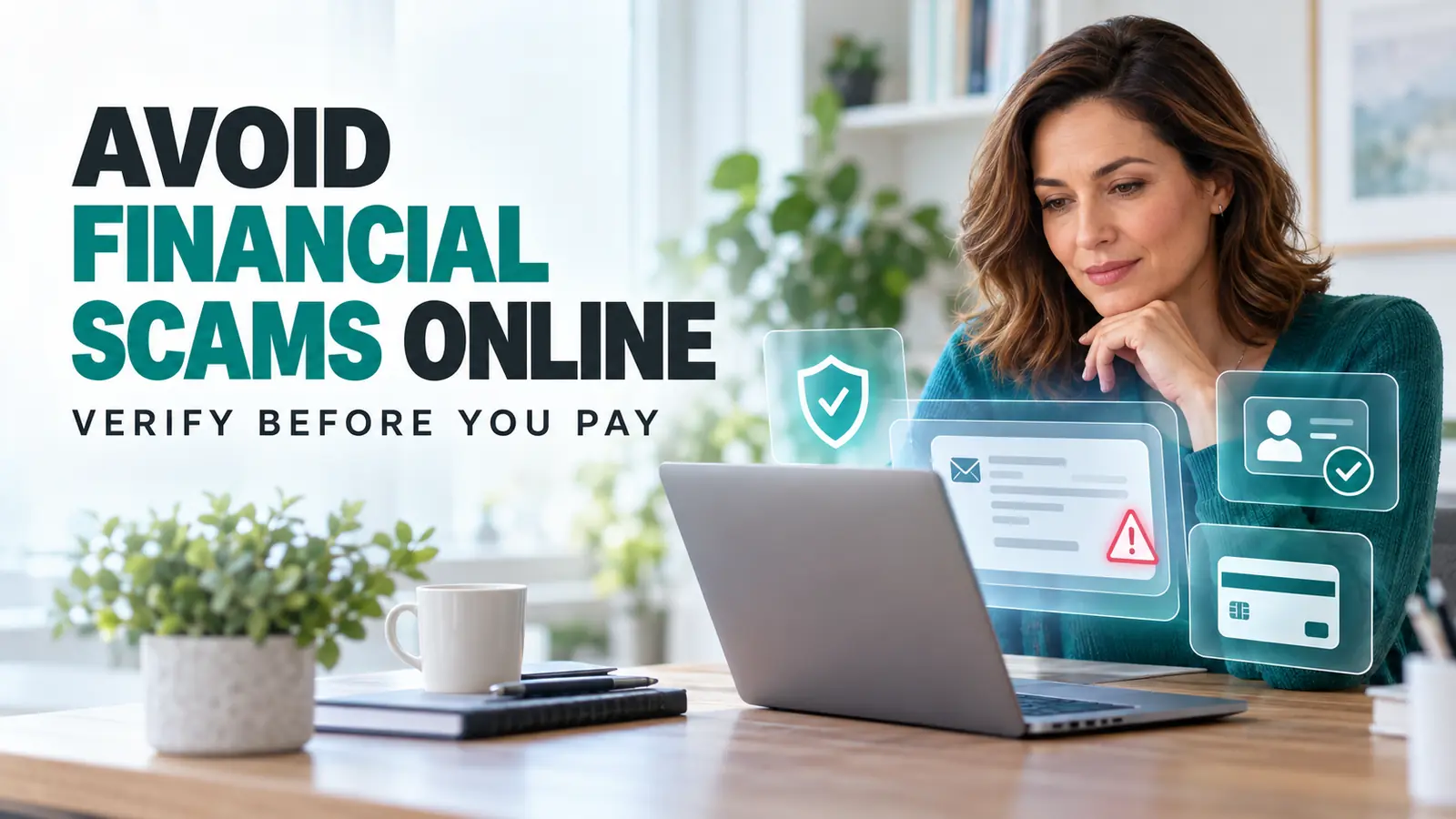Woman reviewing a suspicious message to avoid financial scams online.