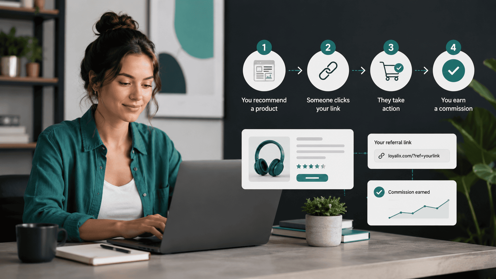 A Loyalix-style featured image showing how affiliate marketing works in practice. The image presents a calm digital workspace with a content creator using a laptop and a simple visual flow: product recommendation, referral link, customer action, and commission earned. It is designed for a beginner-friendly article about the practical side of affiliate marketing.