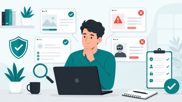 Illustration of how to avoid financial scams online by checking warning signs, reviews, and safer opportunities