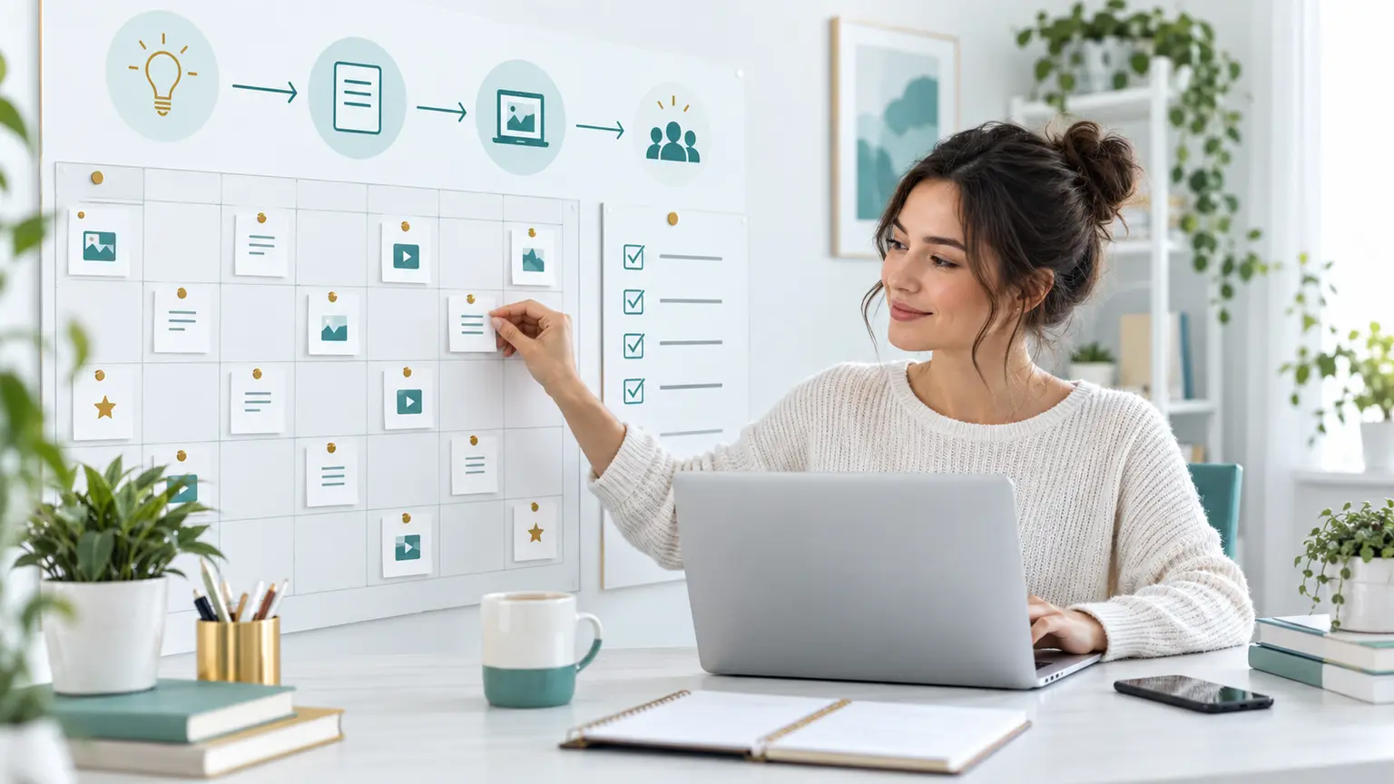 Beginner content creator organizing a 30-day affiliate marketing content plan with a calendar and workflow.