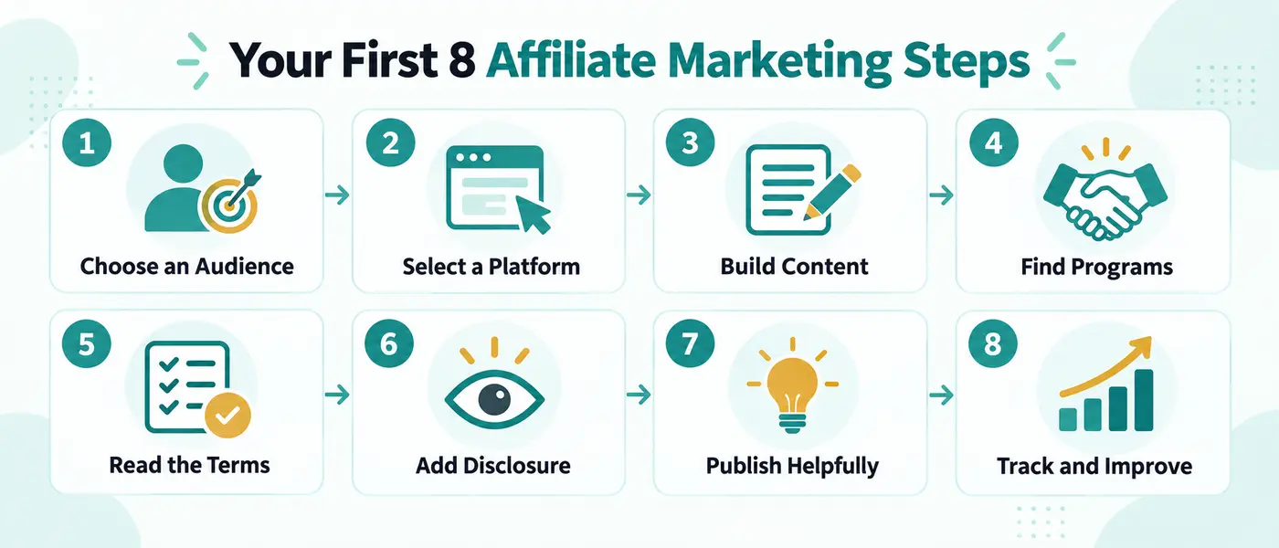 Eight-step affiliate marketing roadmap for beginners, from choosing an audience to tracking and improving content.