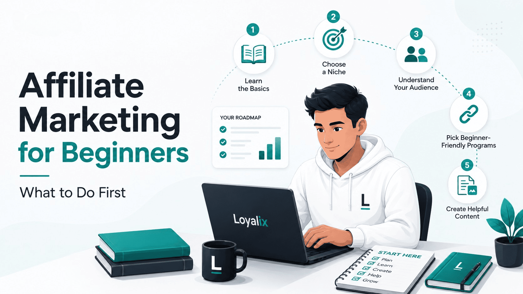 Affiliate marketing for beginners what to do first illustration showing learning, choosing a direction, understanding your audience, and creating helpful content