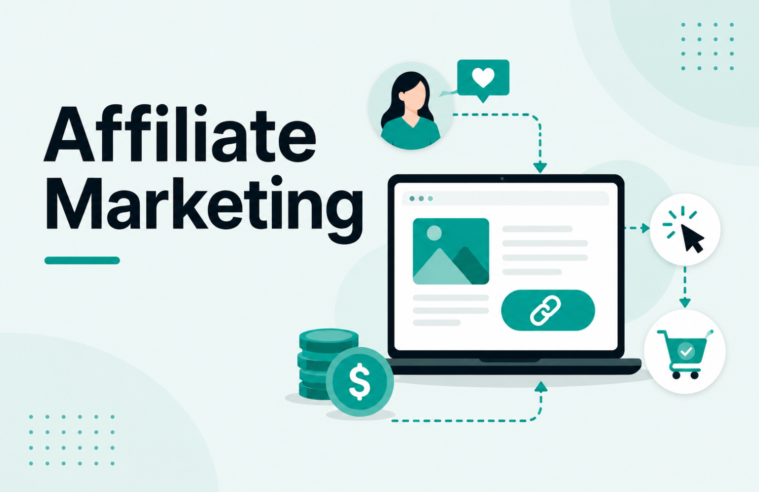 Affiliate marketing concept card for beginners with content, links, clicks, and commissions