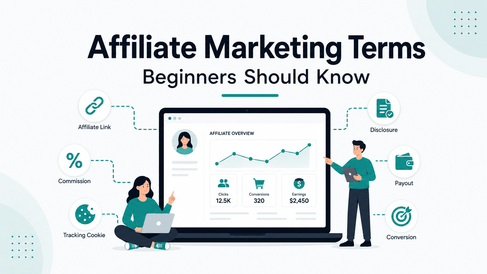 Affiliate marketing terms for beginners illustration with affiliate link, commission, tracking cookie, disclosure, payout and conversion icons