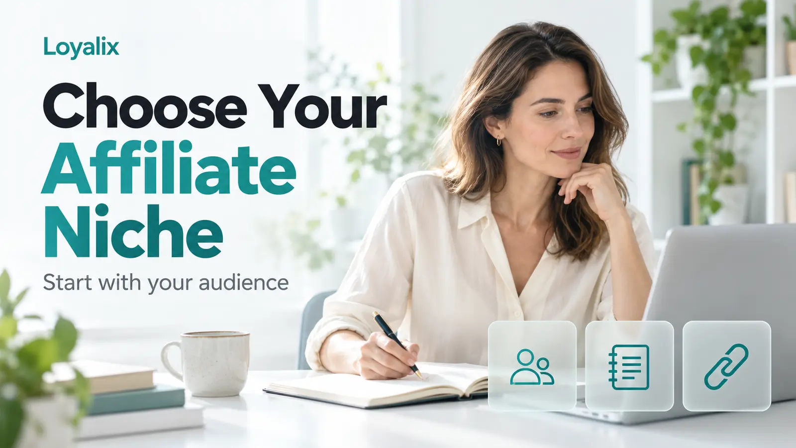Choose Your Affiliate Niche cover showing a woman planning content with a notebook and laptop.