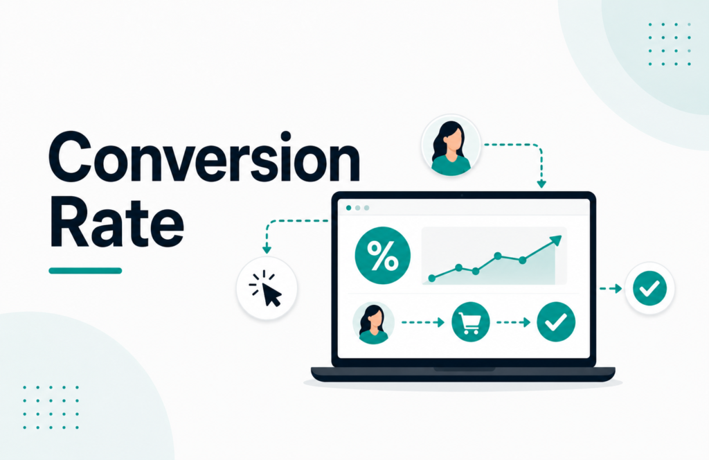 Conversion rate illustration in affiliate marketing showing the click-to-action process and completed conversion
