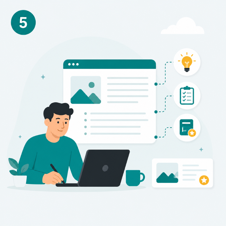 Illustration of a content creation workflow with ideas, notes, and beginner-friendly article planning