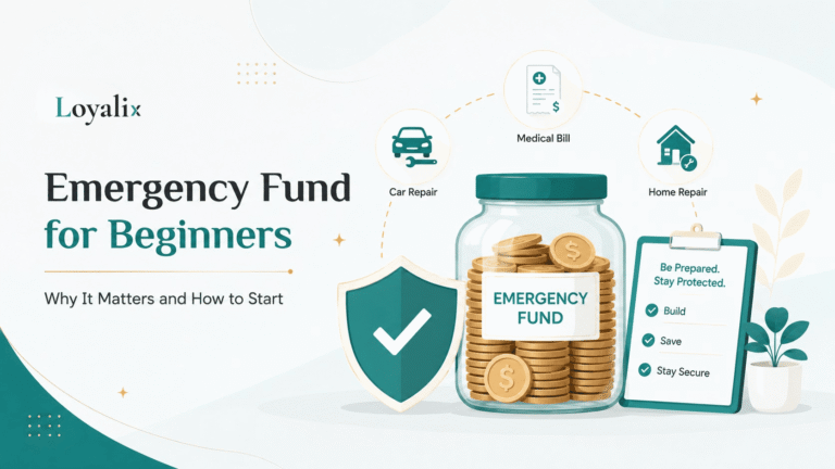 Emergency fund for beginners illustration with savings jar, shield, checklist, and unexpected expense icons