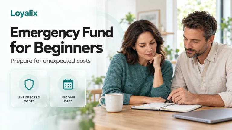 Emergency fund for beginners cover with a couple reviewing a notebook beside unexpected costs and income gaps icons.