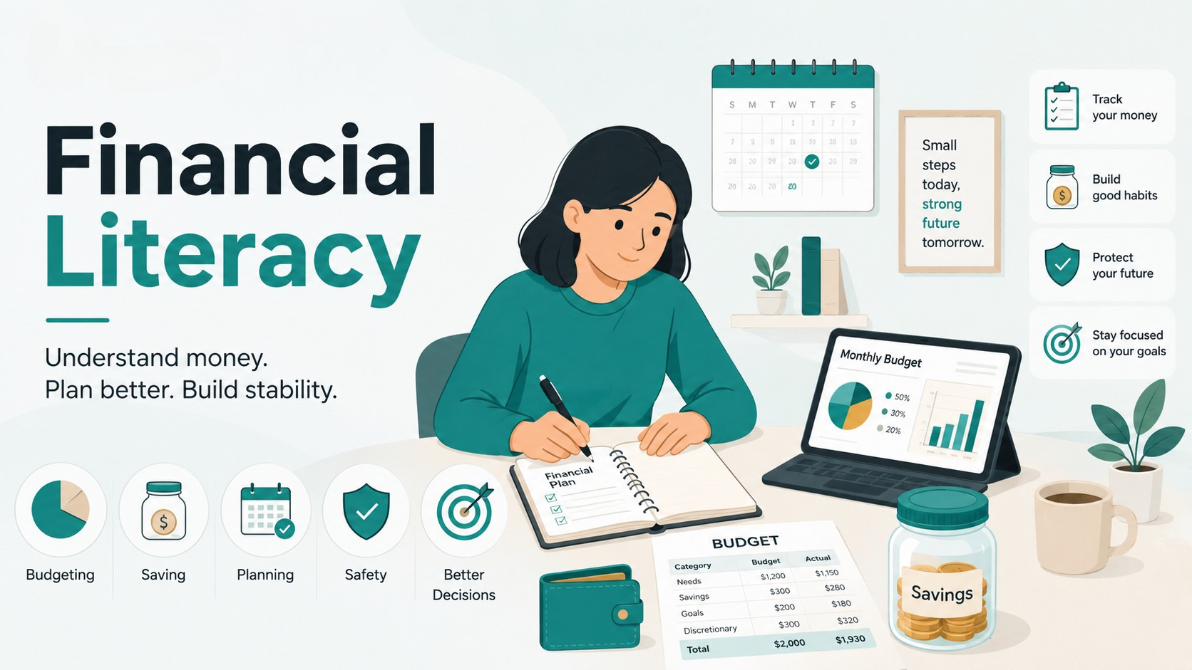 Featured image for an article about financial literacy, showing budgeting, planning, savings, and financial awareness