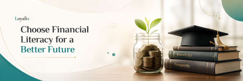 Financial literacy illustration showing a savings jar and books for a better financial future