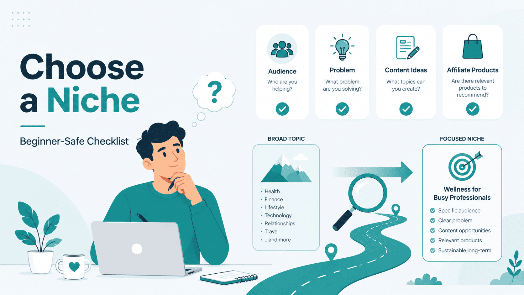 How to choose a niche for affiliate marketing illustration with a beginner-safe checklist, audience focus, content ideas, and simple niche planning