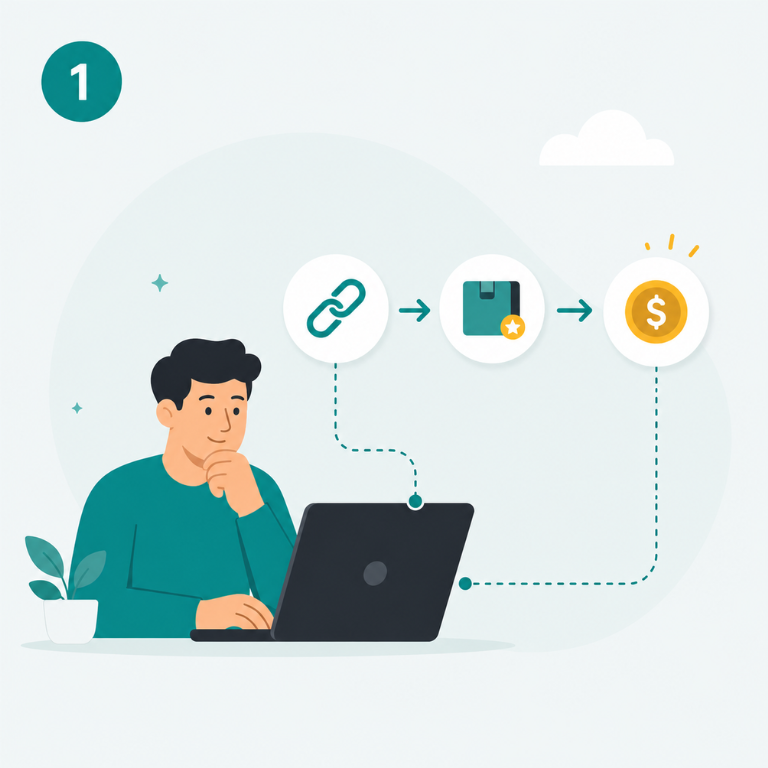 Alt: Affiliate marketing concept card for beginners with content, links, clicks, and commissions