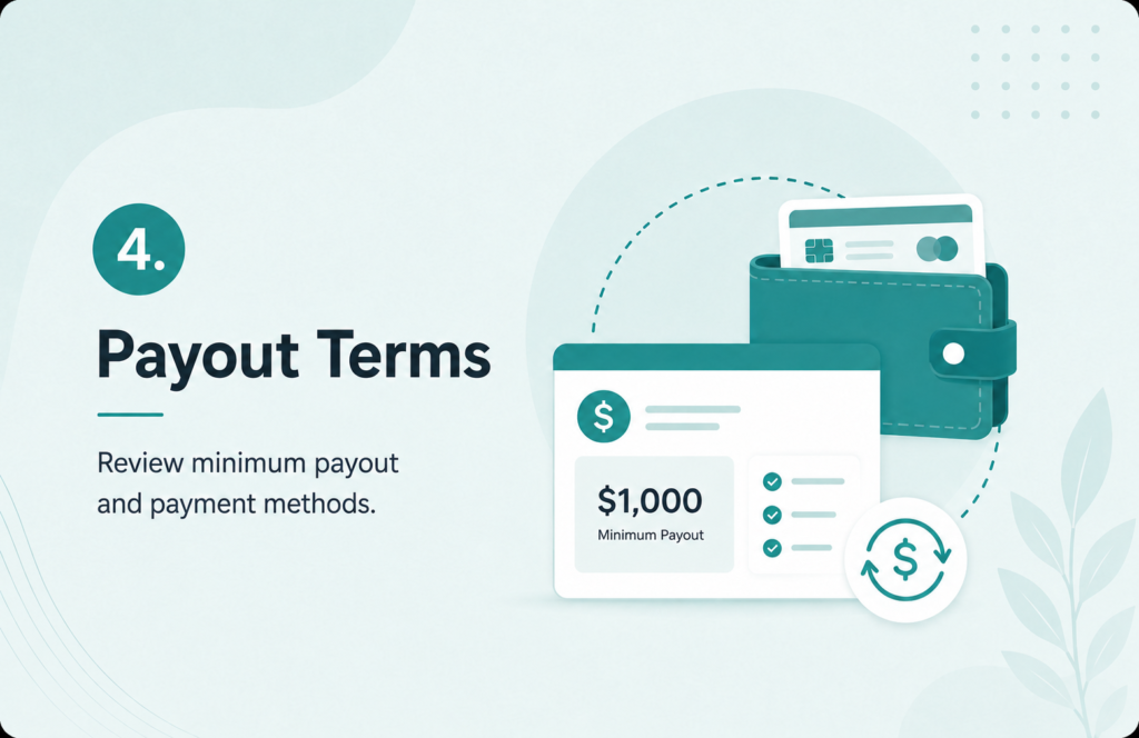 Payout terms card for comparing affiliate programs before joining