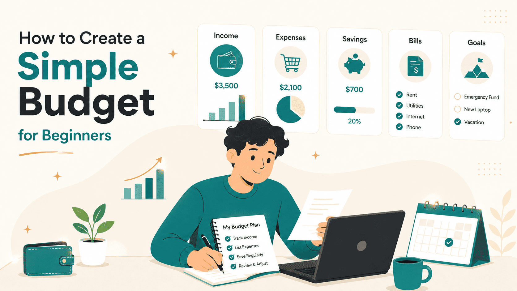 Simple budget for beginners illustration showing income, expenses, savings, and basic money planning