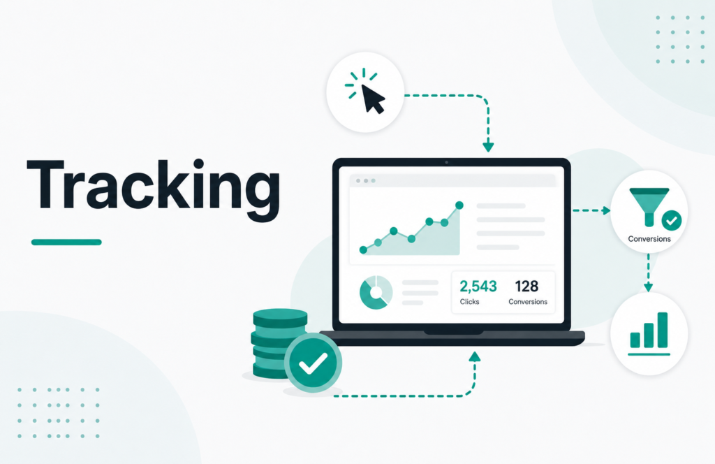 Tracking card with clicks, conversions, and analytics dashboard for affiliate marketing beginners