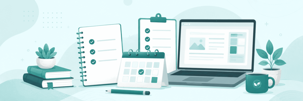 Minimal banner for Week 1 Build the Basics with a laptop, checklist, notebook, and planning elements