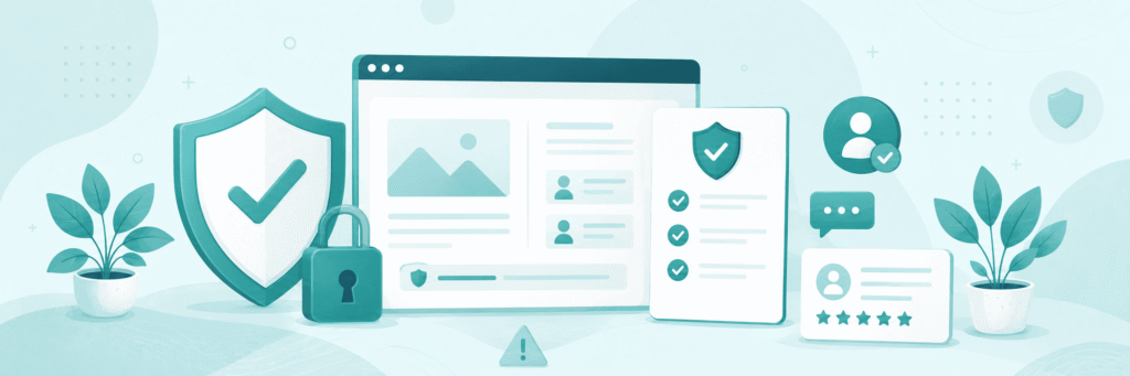 Minimal banner for Week 3 Build Trust and Safety with a shield, checklist, secure interface, and trust elements