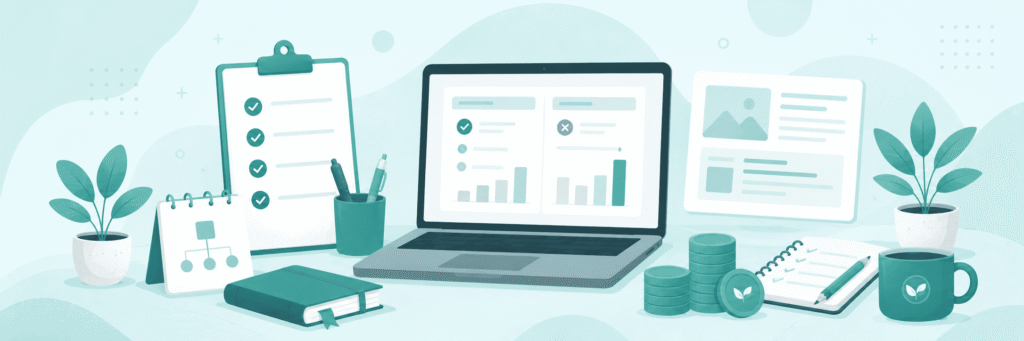 Minimal banner for Week 4 Prepare for Monetization with performance charts, checklist, laptop, and monetization elements