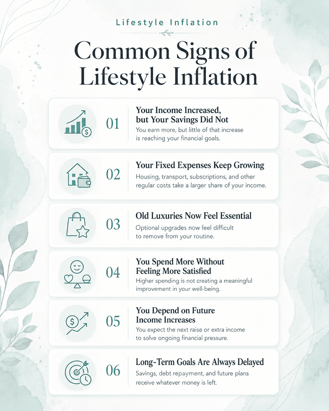 Infographic showing six common signs of lifestyle inflation, including rising fixed expenses, lower savings growth, and delayed long-term goals.