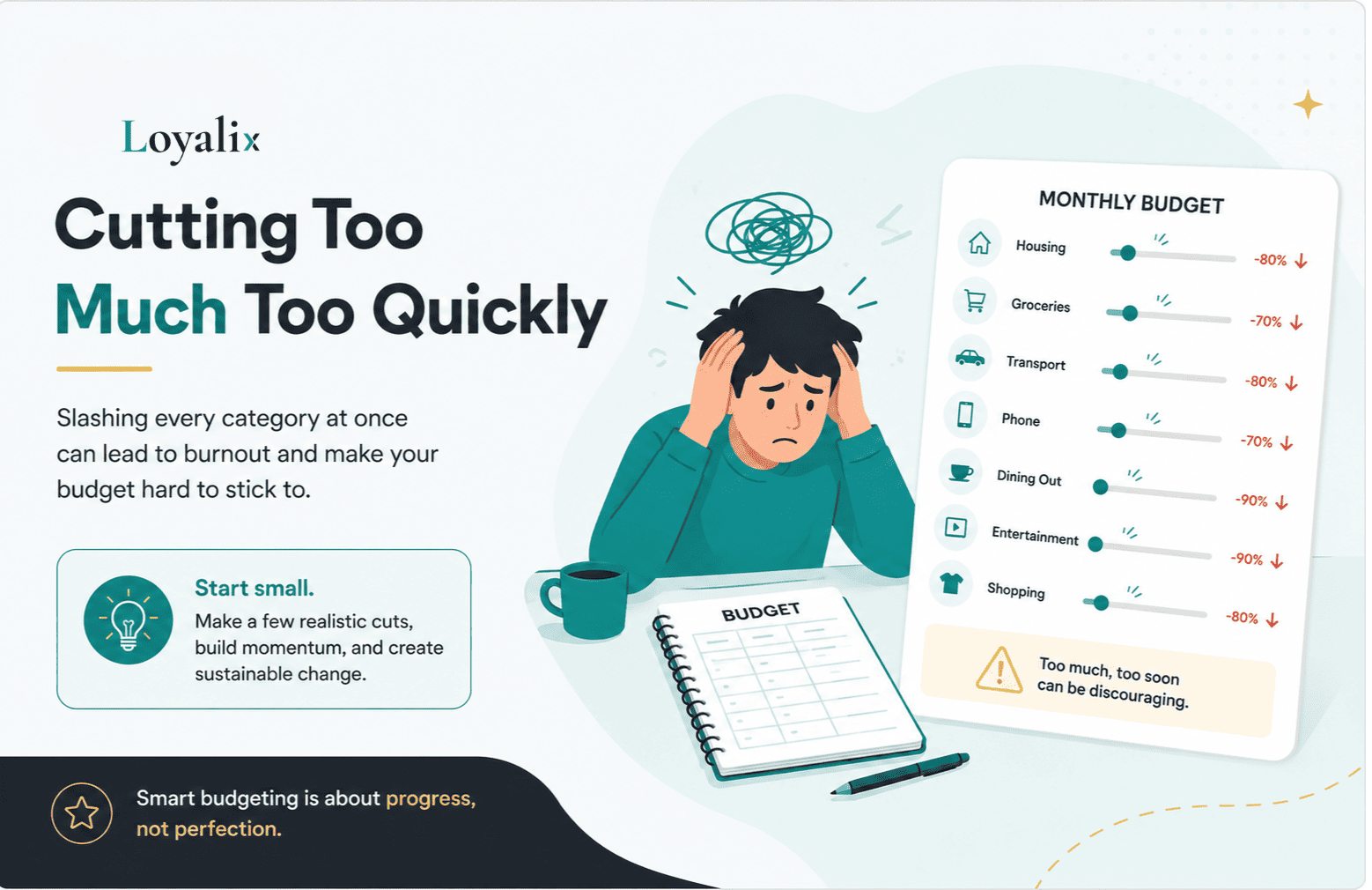 Illustration showing the beginner budgeting mistake of cutting expenses too quickly and making a budget too difficult to maintain.