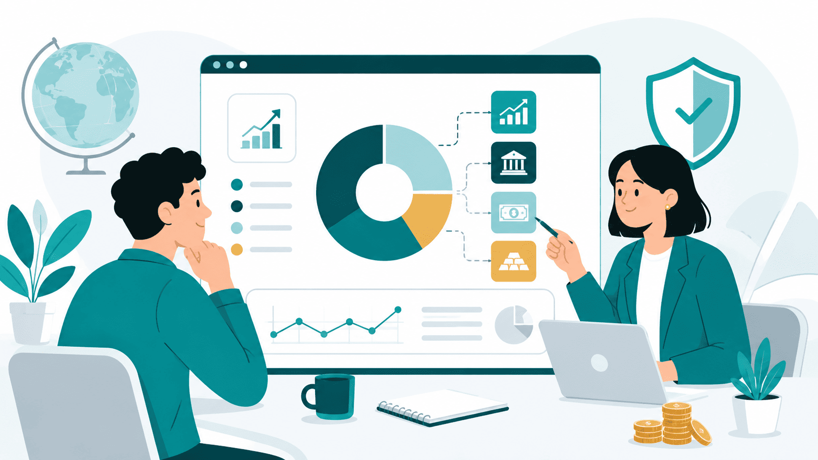Diversification for beginners shown through two people reviewing a balanced investment portfolio and risk chart