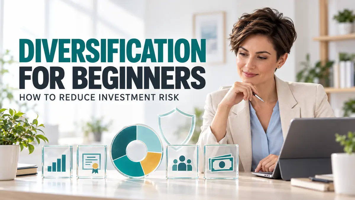 Diversification for beginners with a woman reviewing a balanced investment portfolio.