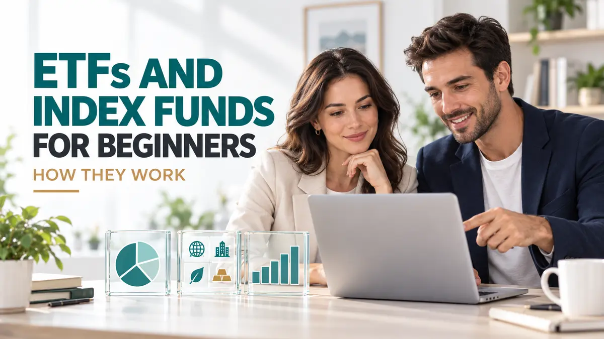 ETFs and index funds for beginners shown by a couple learning together at a laptop.