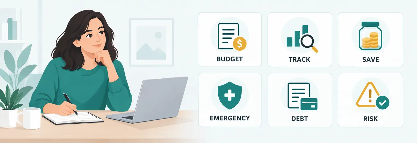 Financial literacy core skills including budgeting, tracking, saving, emergency planning, debt awareness, and risk checks.