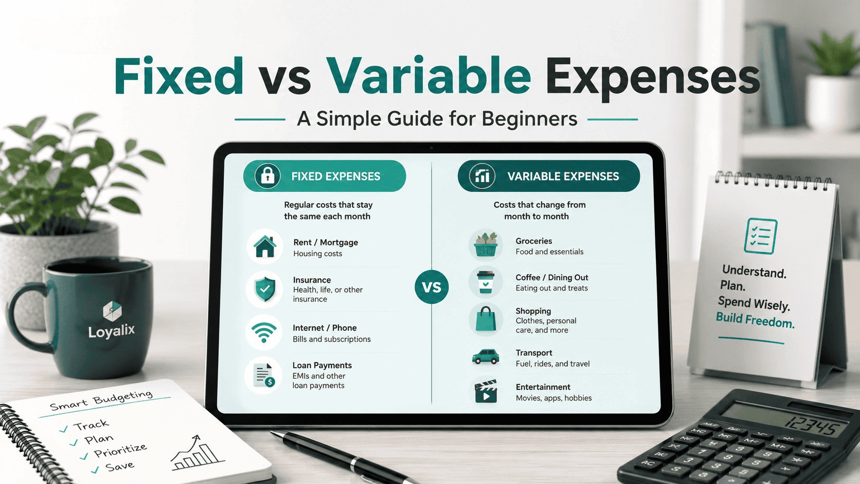 Fixed vs variable expenses illustration for beginners showing regular monthly bills and changing everyday spending.