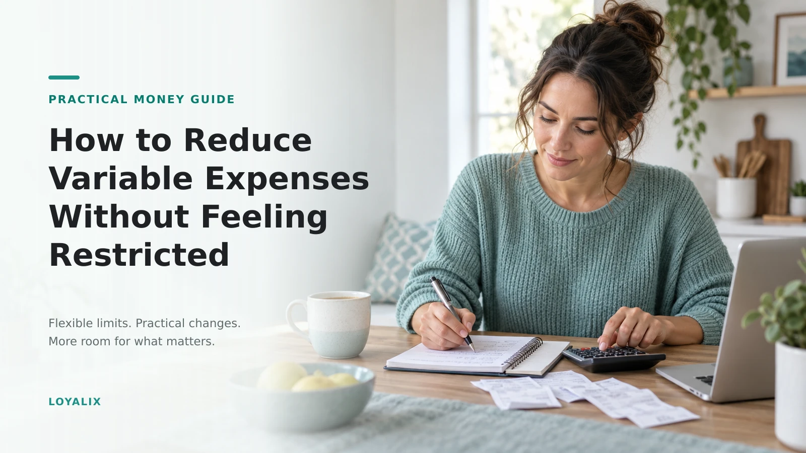 Woman reviewing a spending plan to reduce variable expenses
