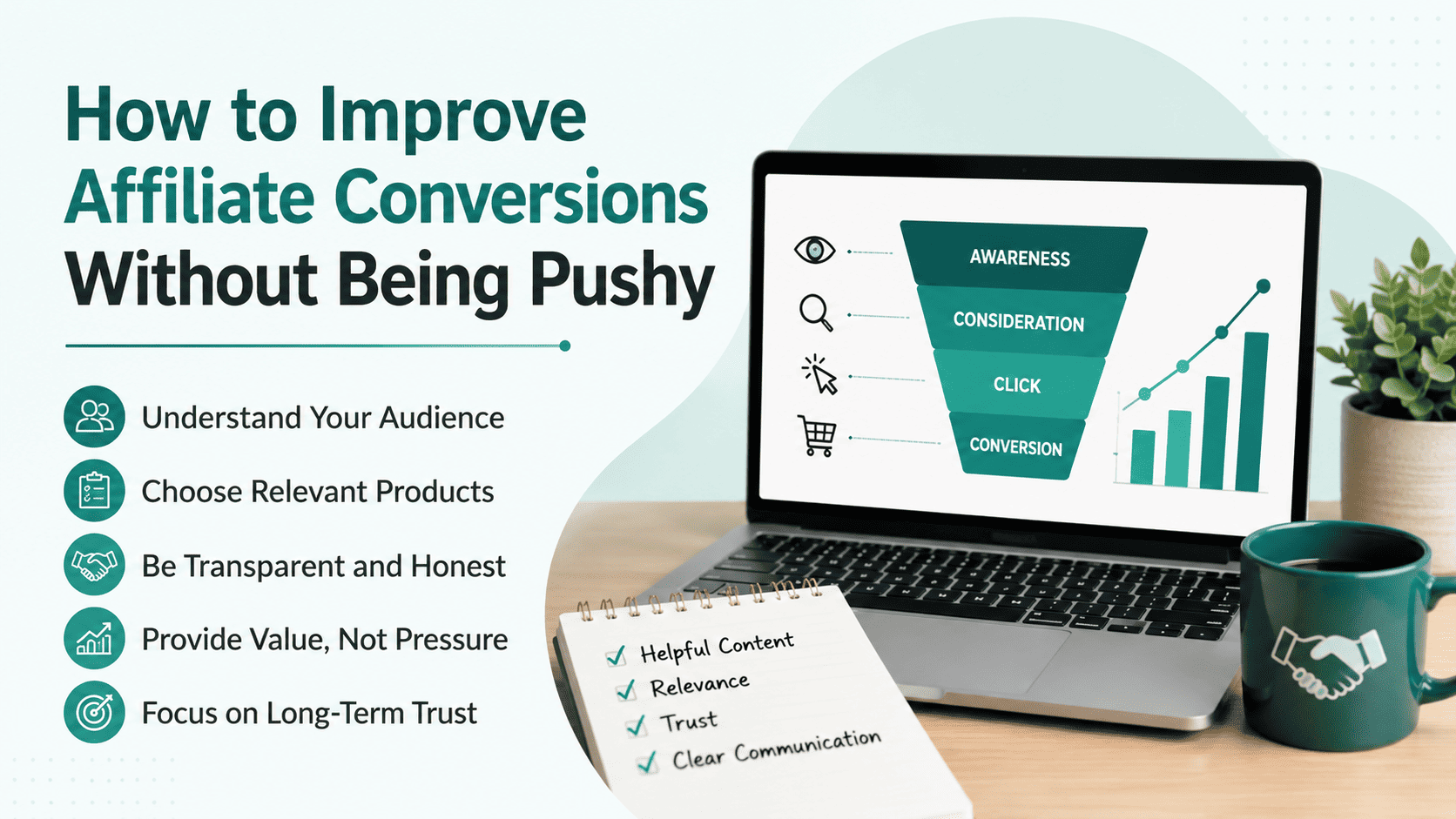 Infographic showing how to improve affiliate conversions without being pushy through relevance, transparency, and trust
