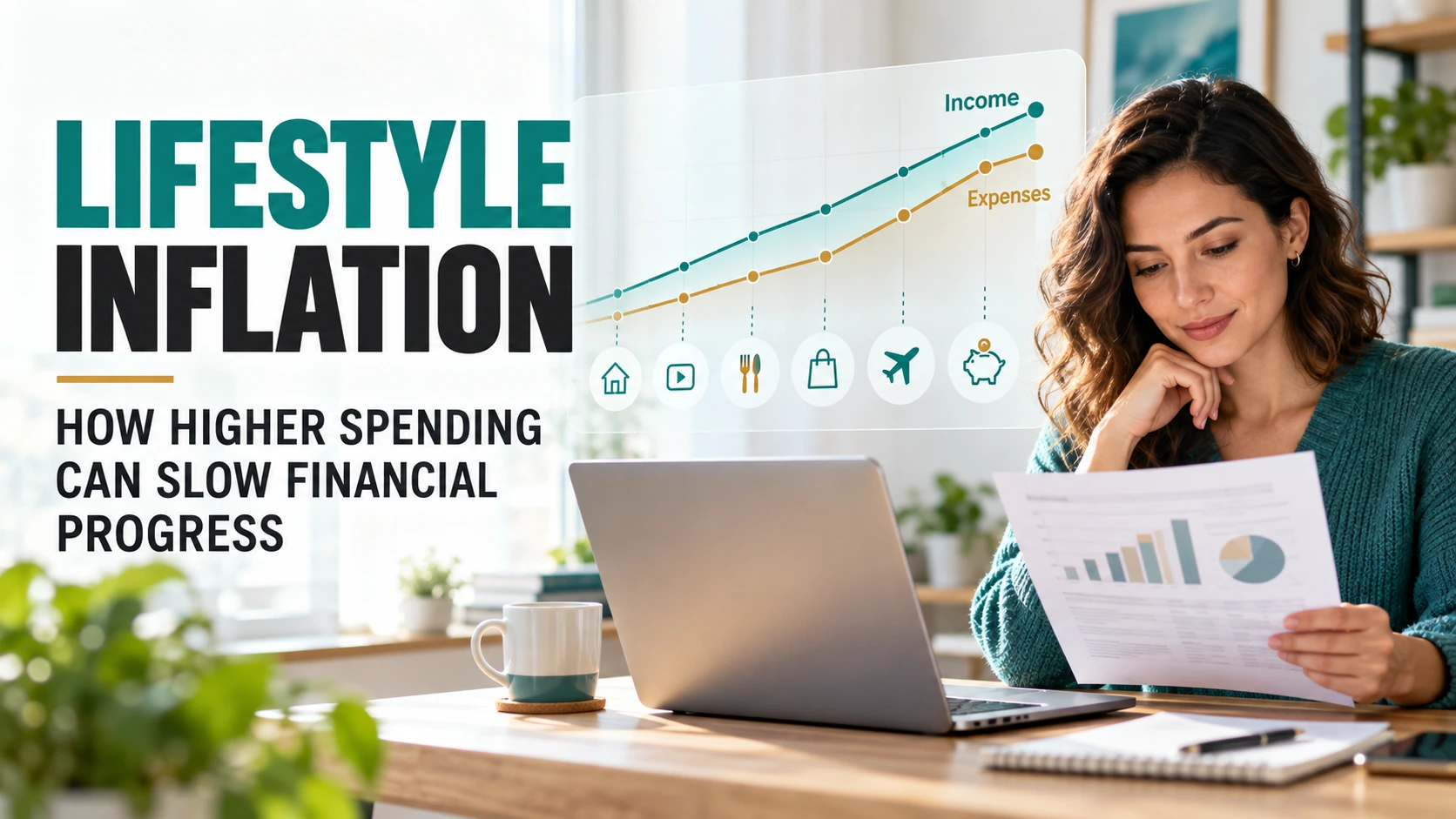 Woman reviewing a budget beside a chart showing how lifestyle inflation can slow financial progress.