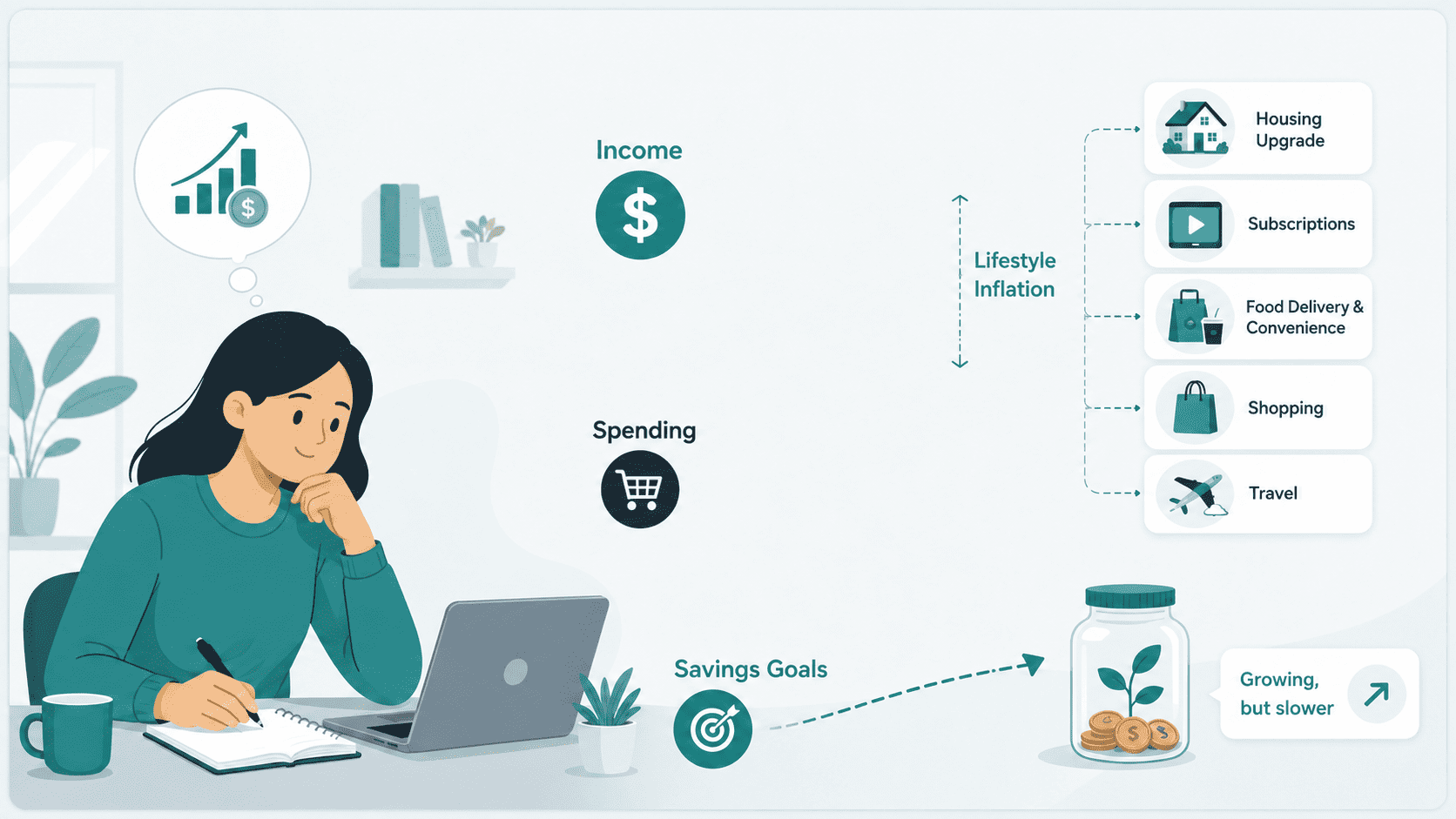 Illustration showing how lifestyle inflation can increase spending and slow financial progress as income grows.