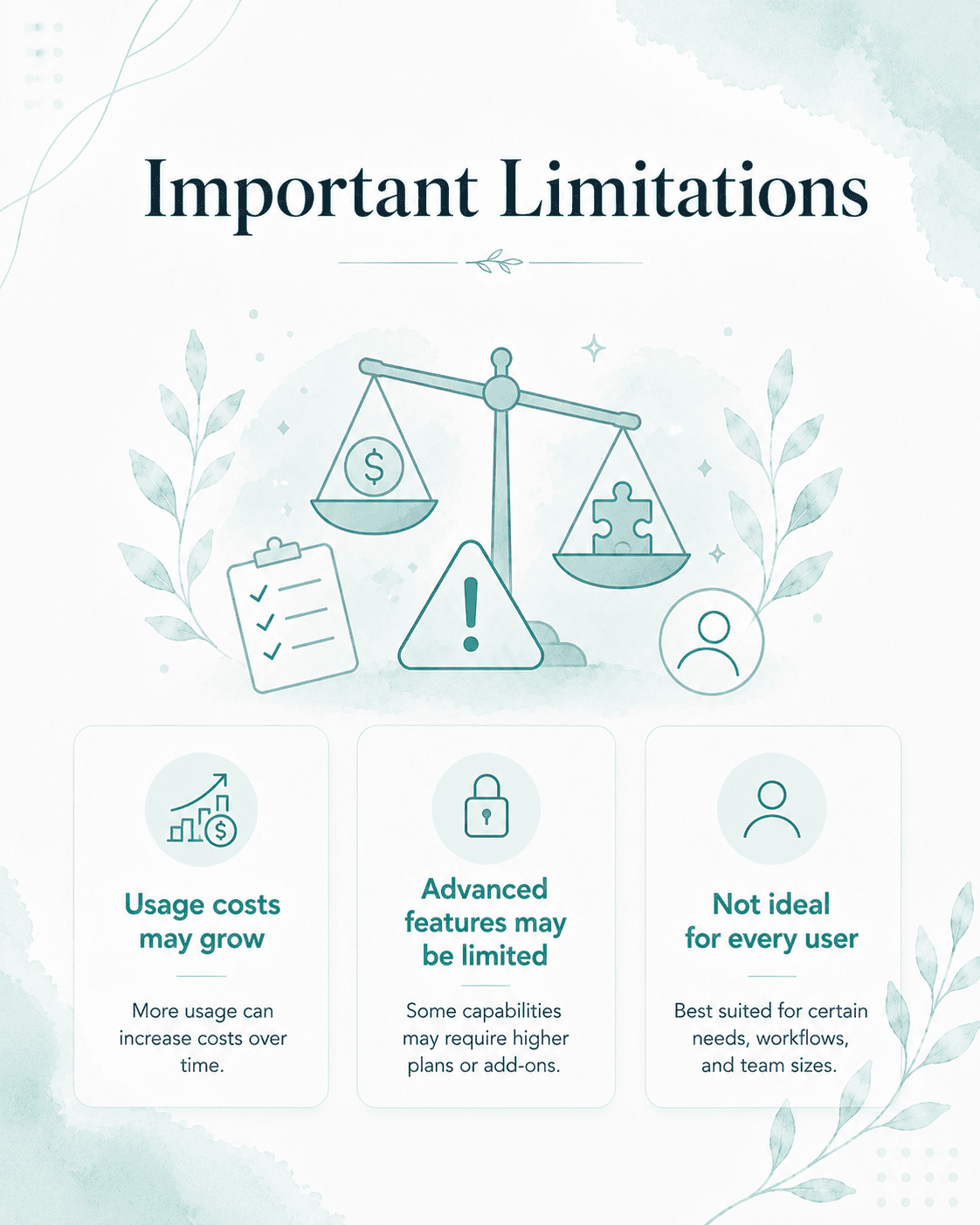 Loyalix illustration showing important product limitations, including growing usage costs, limited advanced features, and suitability for different users.