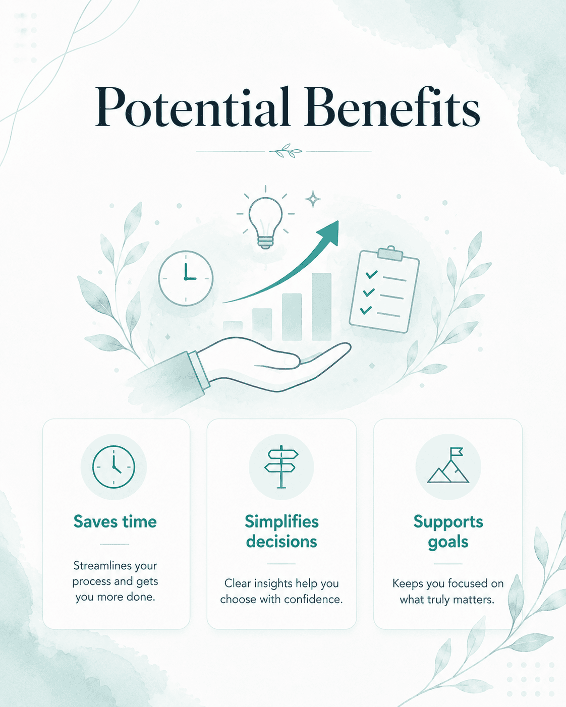Loyalix illustration showing potential product benefits, including saving time, simplifying decisions, and supporting user goals.