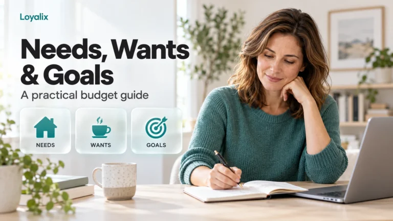Needs wants and goals: woman planning a budget beside glass cards with house, coffee cup, and target icons.