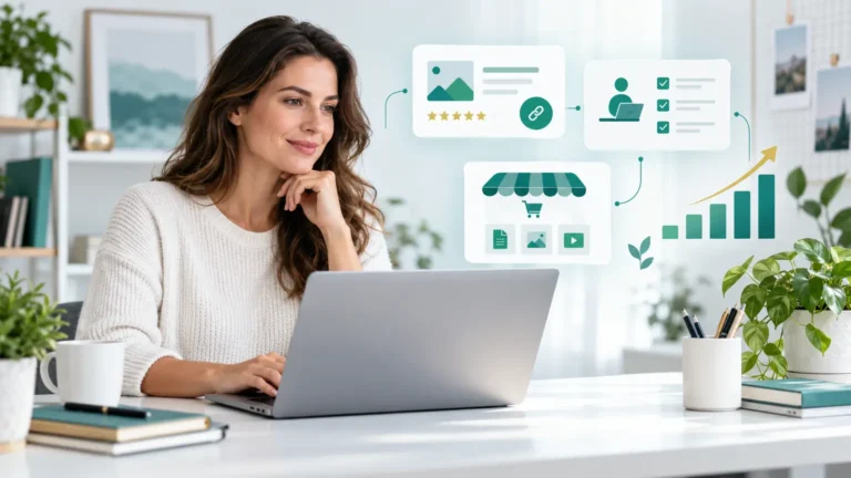 Woman learning financial literacy online with income planning, financial goals, a checklist, and steady growth graphics.