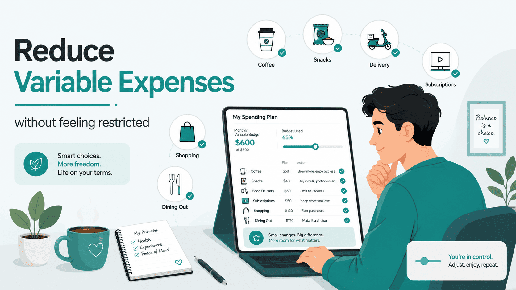 Beginner reviewing a spending plan to reduce variable expenses without feeling restricted