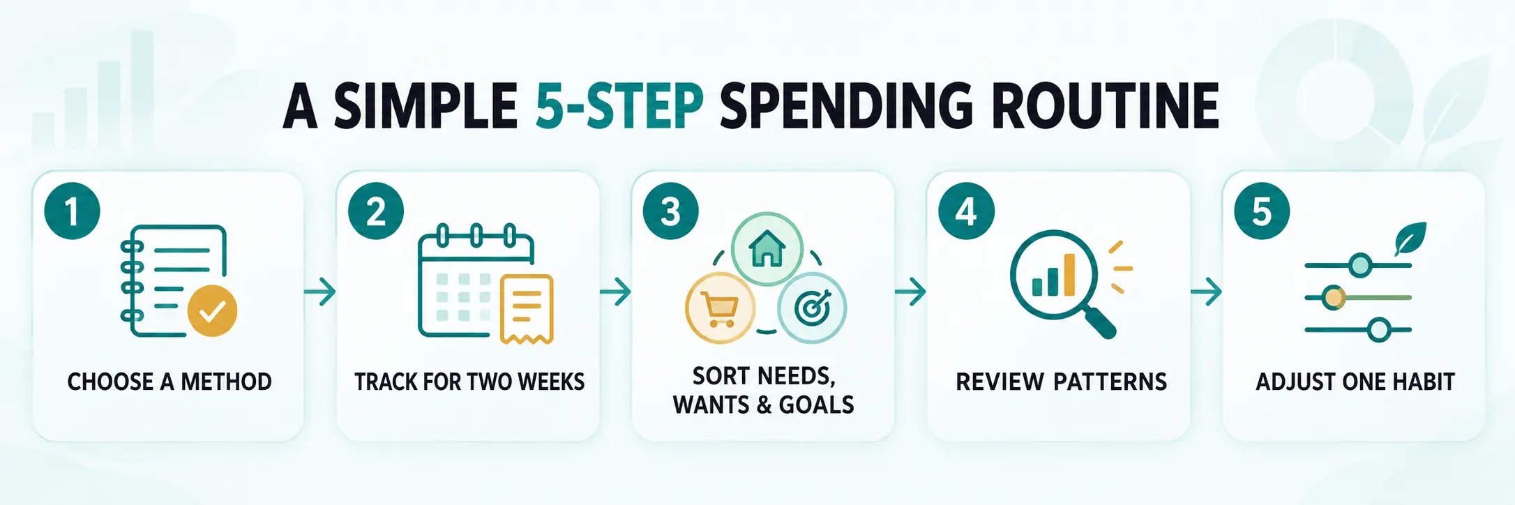 Five-step routine showing how to track your spending by choosing a method, recording expenses, sorting categories, reviewing patterns, and adjusting one habit.