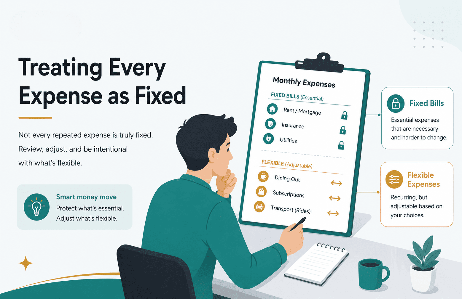 Illustration showing the beginner budgeting mistake of treating every expense as fixed instead of separating fixed and variable expenses.