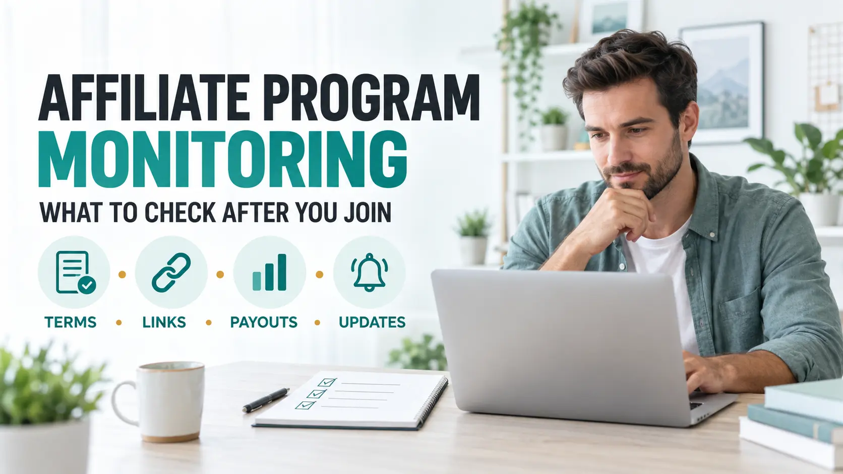 Affiliate program monitoring guide with a man reviewing terms, links, payouts, and updates.