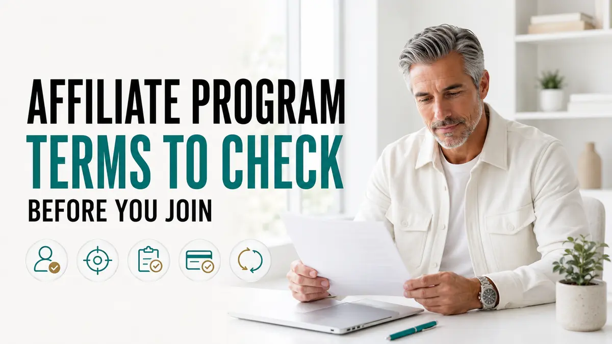 Man reviewing affiliate program terms, tracking rules, commission conditions, payout details, and restrictions before joining.