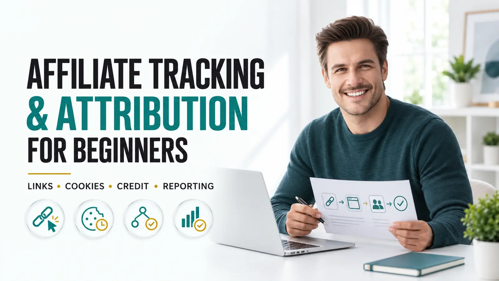 Professional man reviewing an affiliate tracking and attribution flow beside icons for links, cookies, credit, and reporting.