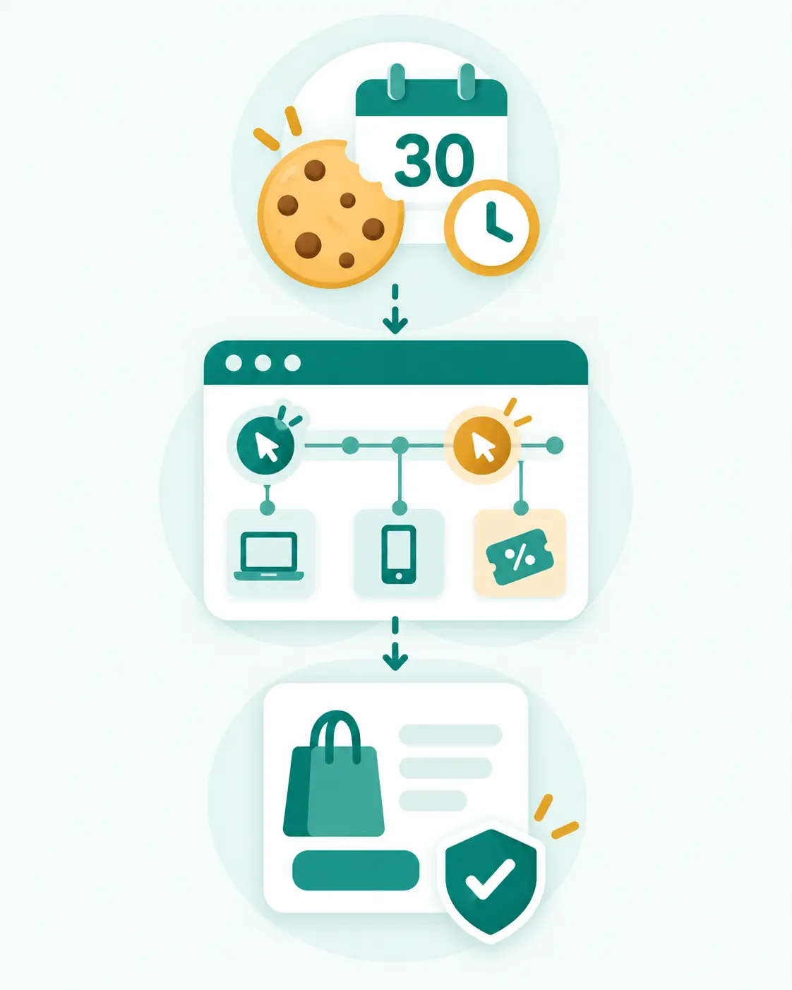 Cookie, 30-day calendar, device activity, coupon code, and validated purchase illustrating an affiliate tracking window.