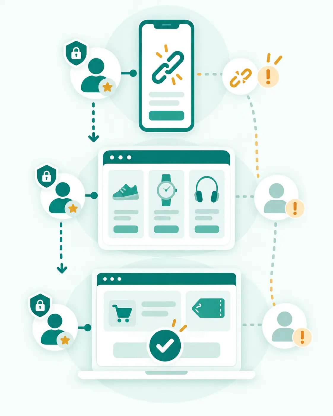 Customer moving between a phone, tablet, and laptop, illustrating cross-device and cross-browser affiliate tracking limits.