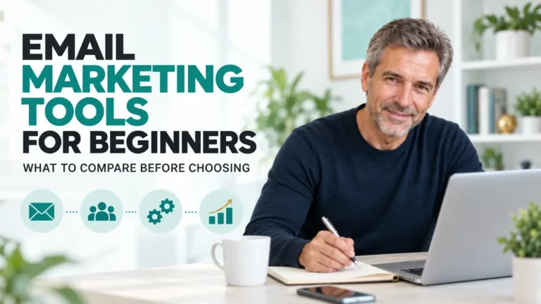 Email marketing tools for beginners shown with a man comparing email campaigns, automation, and analytics on a laptop