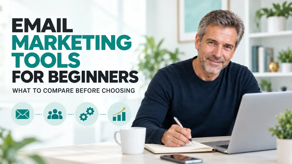Email marketing tools for beginners shown with a man comparing email campaigns, automation, and analytics on a laptop